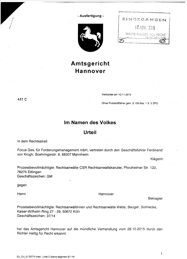 Gerichtsbescheid Auffassung des Amtsgericht Hannover